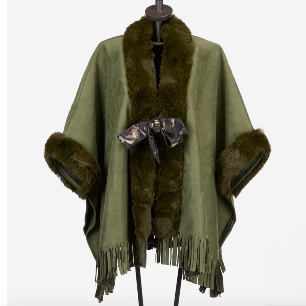 MADE IN ITALY BOUTIQUE Eco Suede and Faux Fur Cape Poncho NEW Size L